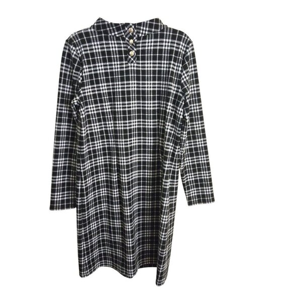 Talbots Windowpane Plaid Fleece Long Sleeve Mock Neck Dress Black Cream  Size M - Picture 3 of 7